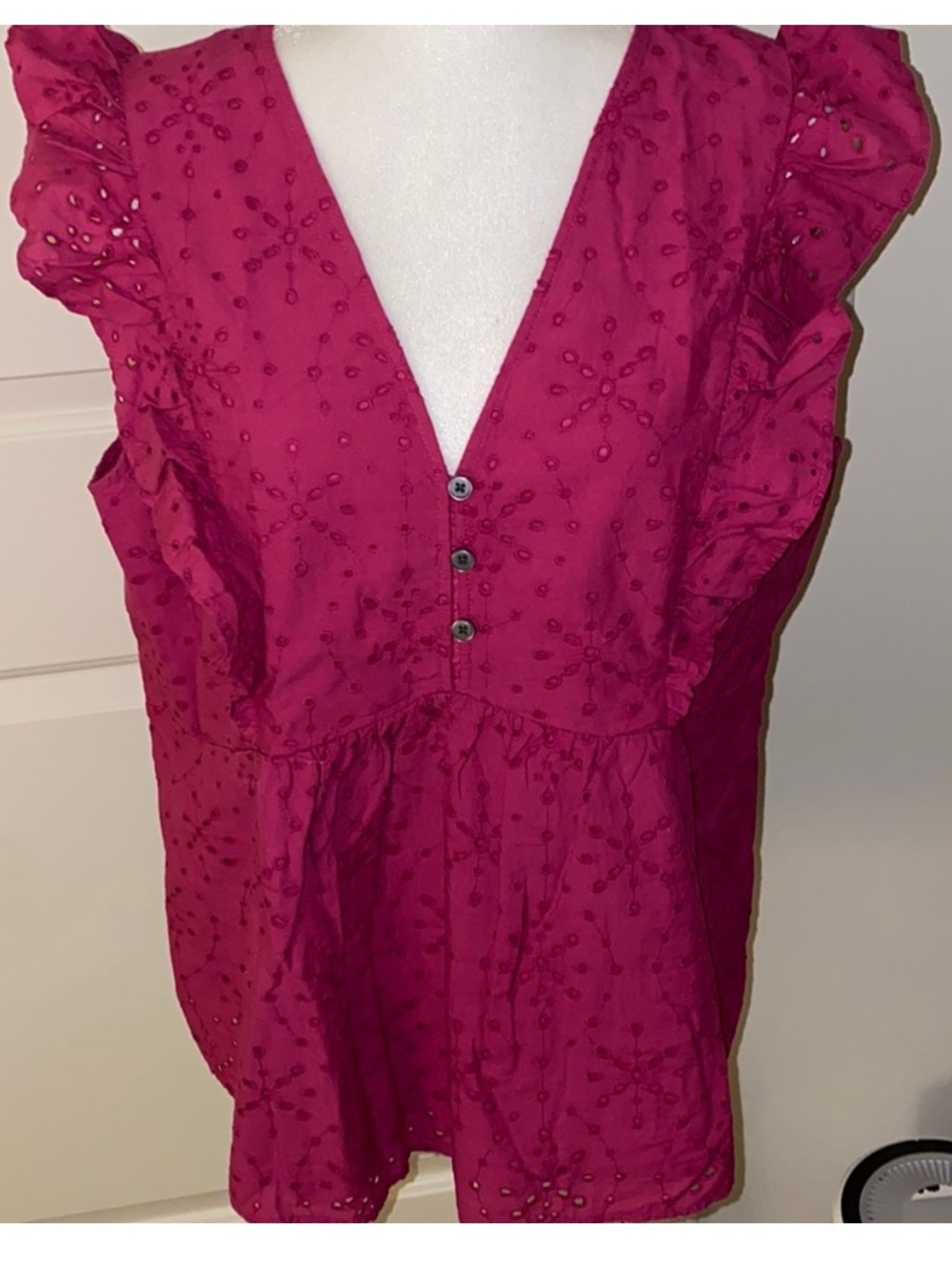 LOFT Fuchsia Eyelet Ruffle V-Neck blouse